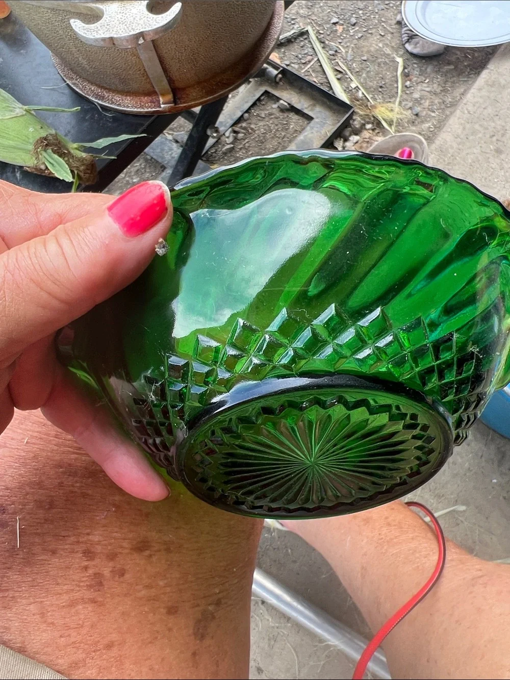 Vintage Green Glass Flower Dish - Decorative Home Accent